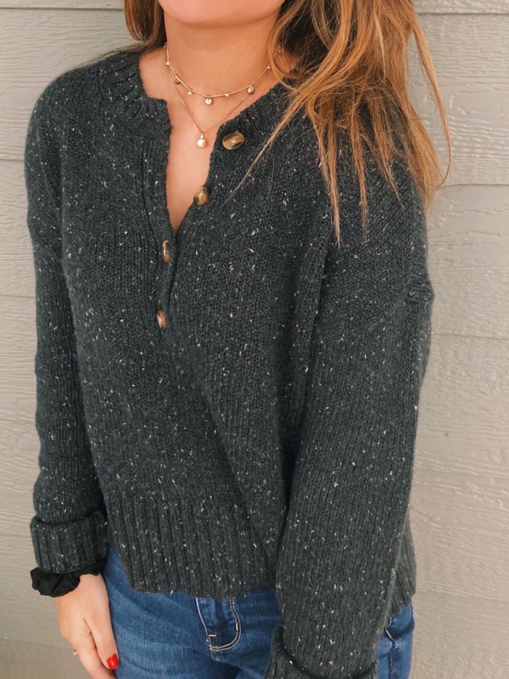 American Eagle Charcoal Gray Flecked Henley Sweater Large L Knit Button Neck